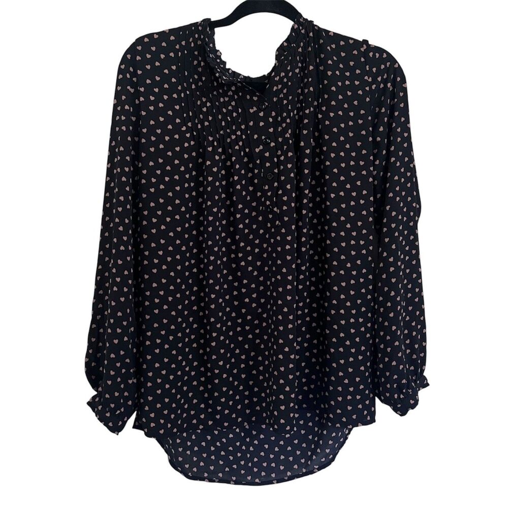 Adrianna Papell Top Womens Large Black Hearts Smocked Shoulder Casual Blouse L